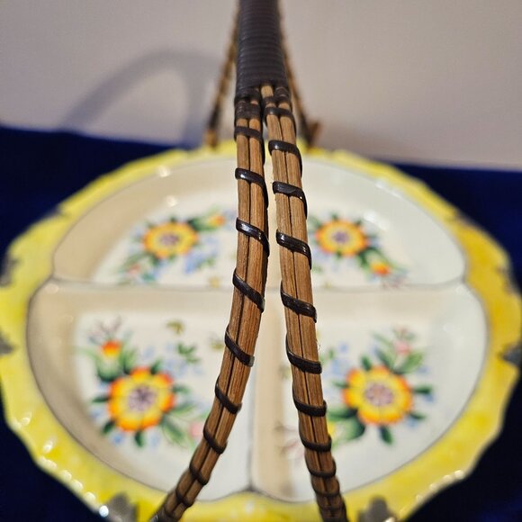 Vintage Ceramic Divided Serving Dish With Floral Design & Wicker Handle - Picture 10 of 16